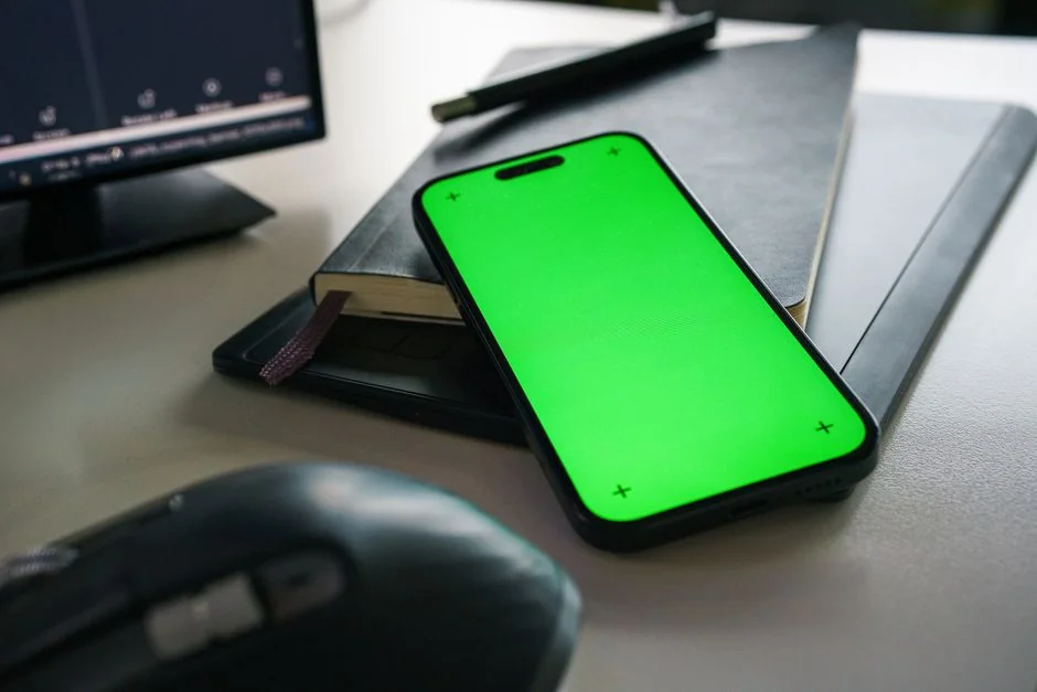 Main tenant un smartphone affichant l’interface d’une application de portefeuille numérique, avec un moniteur flou en arrière-plan.